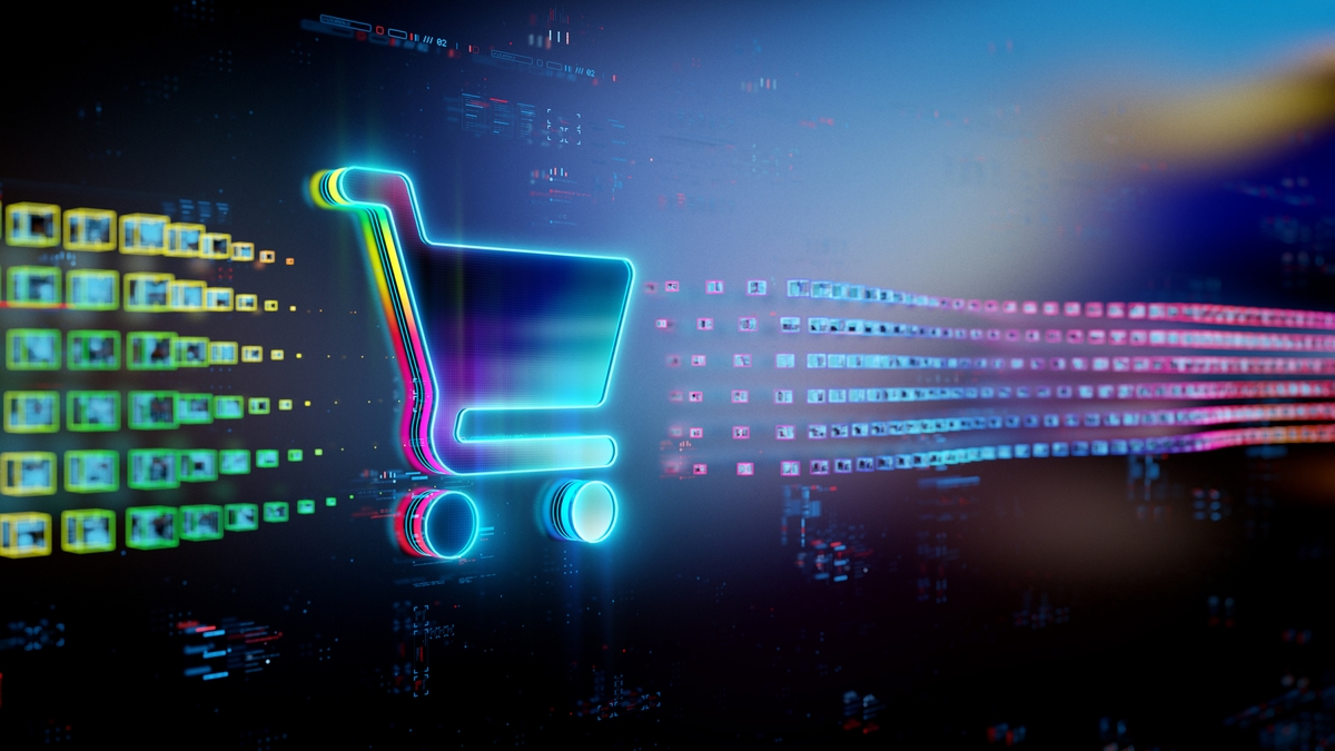 Digital cart icon on future tech background. Online shopping evolution. Futuristic shopping cart icon in world of technological progress and innovation. CGI 3D render